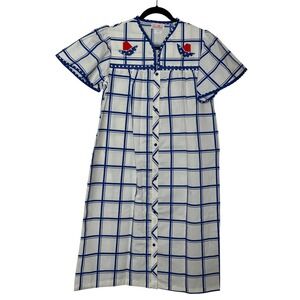 Smart Time Vintage House Dress Small Blue White Grid Sailboat Nautical Duster